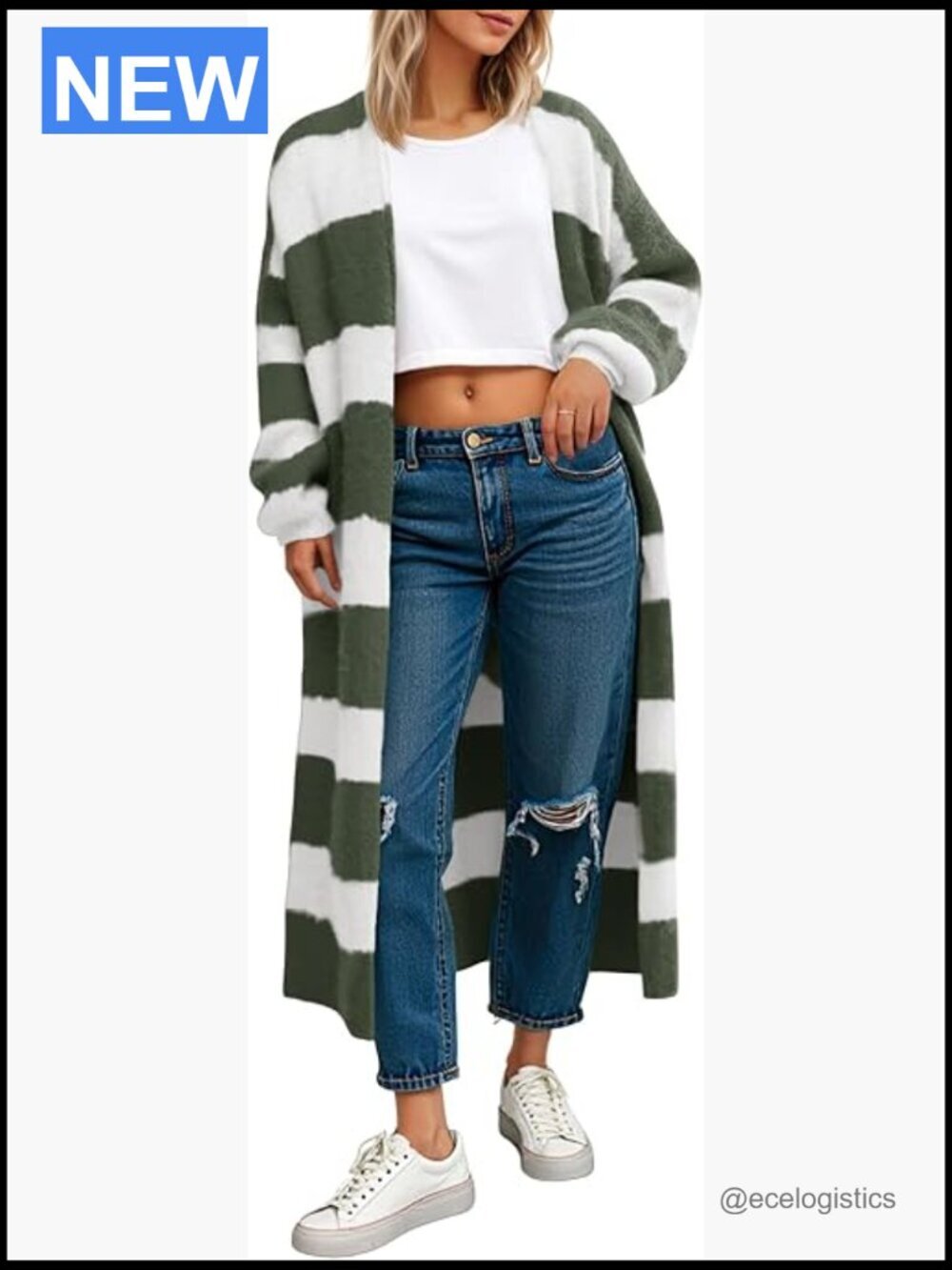 Striped Long Cardigan Open Front Oversized Chunky Fuzzy Knit Duster Coat
